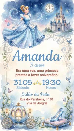 Convite de Aniversário Cinderela em Aquarela Modelo Editável