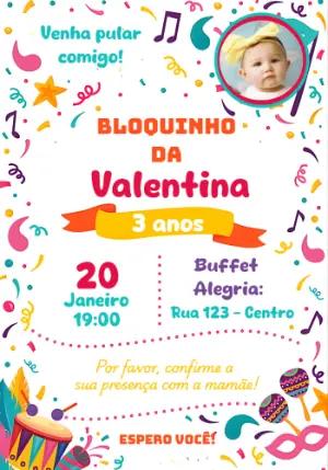 Convite de Aniversário Infantil Bloquinho de Carnaval Editável