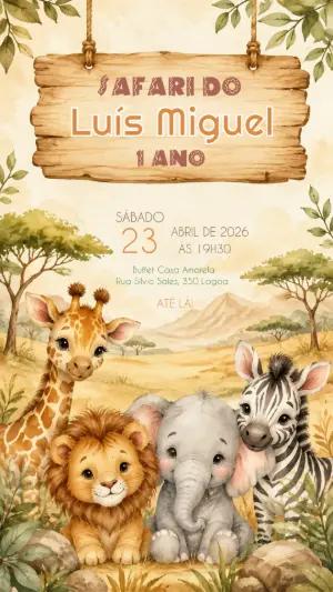 Convite Animado Aniversário Safari Aquarela Editável