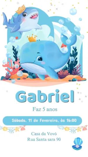 Convite Aniversário Fundo do Mar com Tubarão e Baleia para Editar