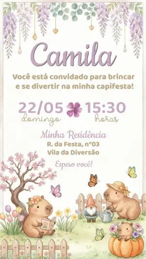 Convite de Aniversário Capivara no Jardim Aquarela Editável