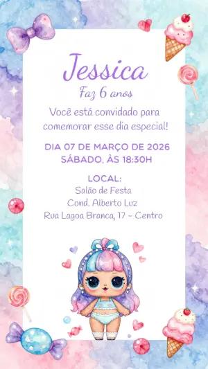 Convite de Aniversário Boneca Doce em Aquarela para Editar