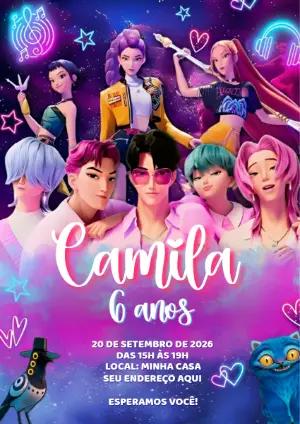 Convite de Aniversário Guerreiras do K-Pop Neon para Editar
