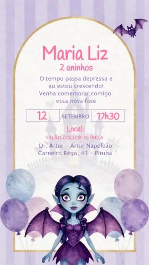 Convite Animado Aniversário Vampira Fofa Roxo para Editar
