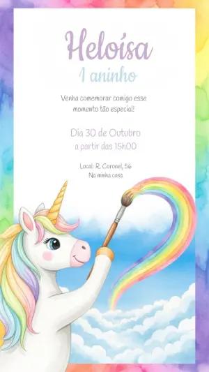 Convite Aniversário Unicórnio Aquarela para Editar Online