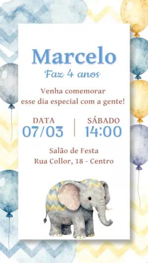 Convite de Aniversário Infantil Elefantinho Aquarela Editável