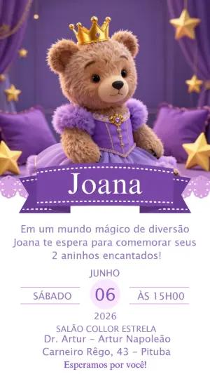 Convite de Aniversário Ursinha Princesa Roxo Editável