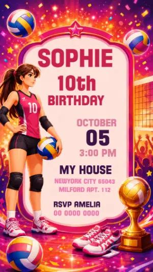 Editable Volleyball Birthday Invite with Anime Girl Design