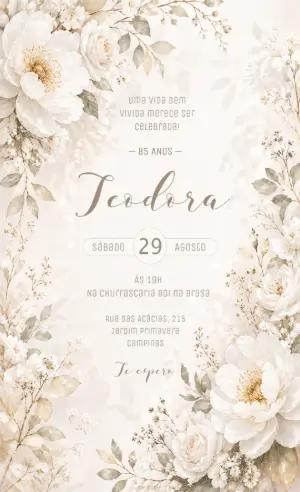 Convite Aniversário Feminino Floral Branco Editável