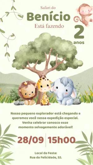 Convite de Aniversário Safari com Animais para Editar Online