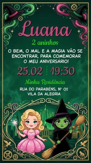 Convite de Aniversário Wicked Mágico Verde e Rosa Editável