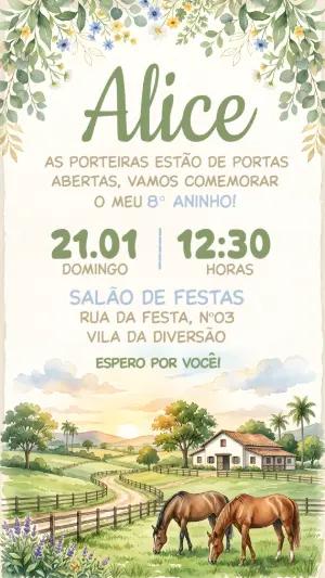 Convite de Aniversário Cavalo Aquarela Rústico Editável