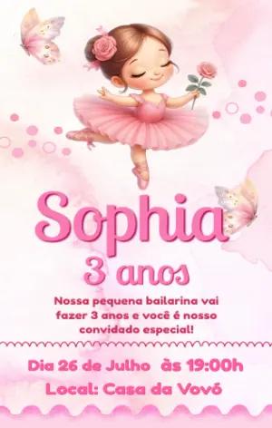 Convite de Aniversário Bailarina Rosa Aquarela para Editar