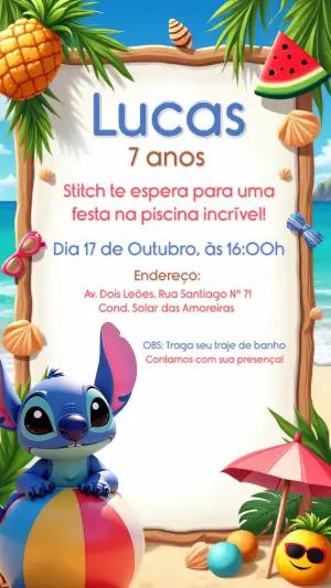 Convite Aniversário Stitch Pool Party para Editar Online