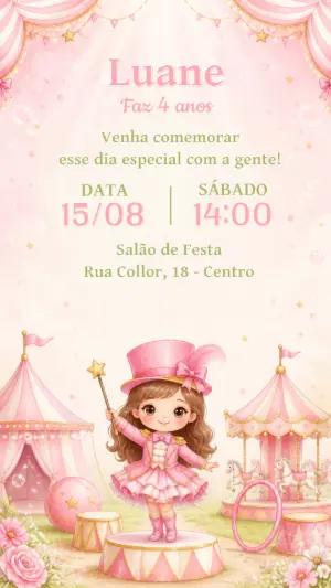 Convite de Aniversário Circo Rosa Editável para Menina