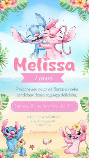 Convite de Aniversário Stitch e Angel Tropical Editável