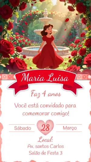 Convite Aniversário Princesa no Jardim de Rosas Editável