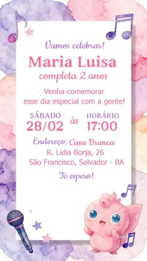 Convite Aniversário Infantil Jigglypuff Aquarela Editável