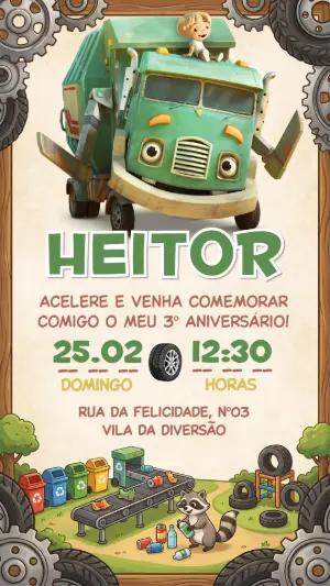 Convite de Aniversário Infantil Caminhão de Lixo Editável
