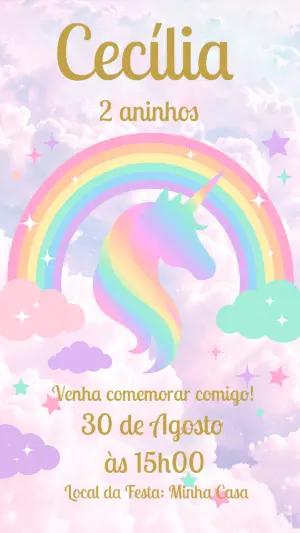 Convite de Aniversário Unicórnio Arco-Íris Editável