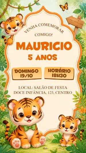 Convite de Aniversário Digital com Tema Tigre Fofo para Editar