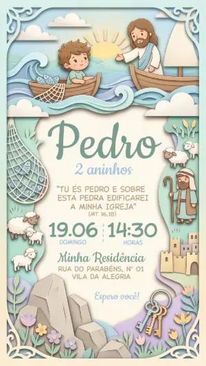 Convite de Aniversário Infantil Bíblico 'Tu És Pedro' Editável