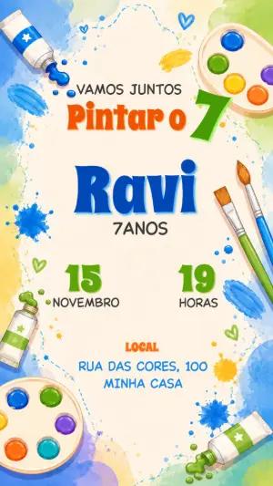 Convite de Aniversário Pintando o 7 Aquarela Modelo Editável