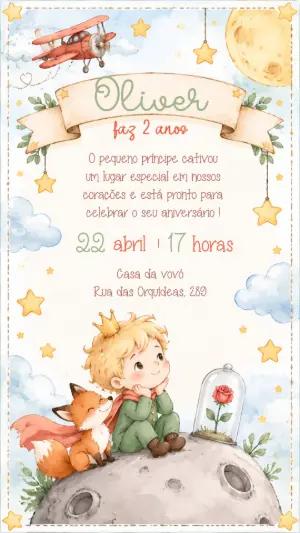 Convite de Aniversário O Pequeno Príncipe Aquarela Editável