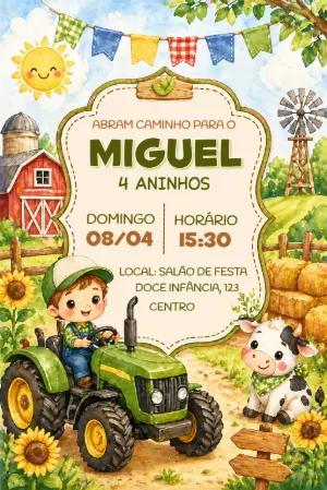 Convite de Aniversário Fazendinha com Trator para Editar