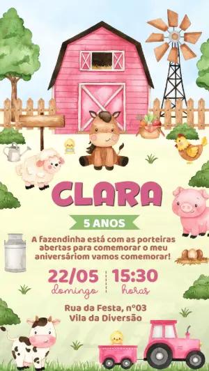 Convite de Aniversário Fazendinha Rosa Aquarela Editável