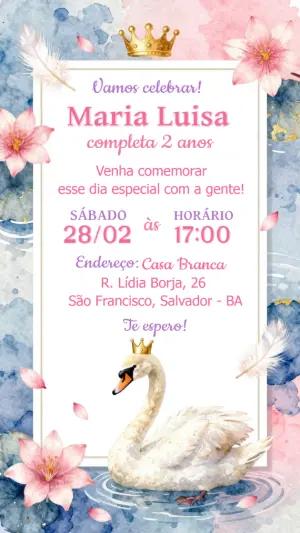 Convite de Aniversário Cisne Princesa em Aquarela para Editar