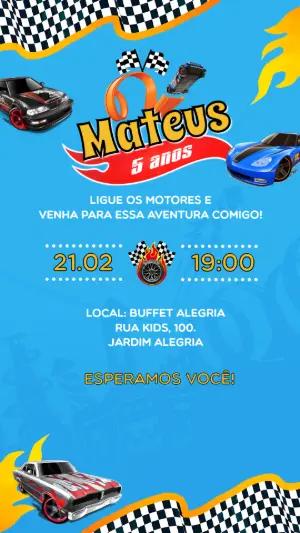 Convite de Aniversário Corrida de Carros Azul para Editar