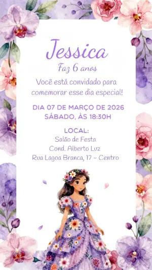 Convite de Aniversário Princesa Floral Lilás Editável