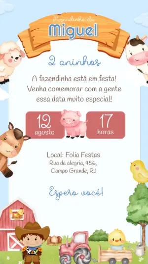 Convite de Aniversário Fazendinha com Animais para Editar Online