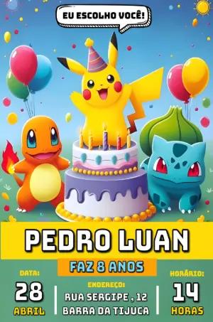 Convite de Aniversário Pokémon com Pikachu para Editar Online