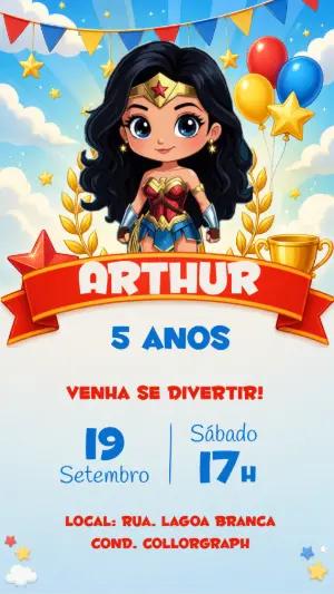 Convite de Aniversário Mulher-Maravilha Chibi para Editar