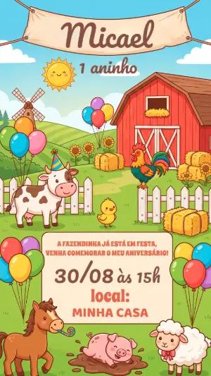 Convite de Aniversário Infantil Fazendinha | Modelo para Editar