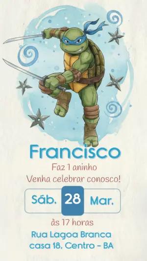 Convite de Aniversário Tartarugas Ninja Aquarela para Editar
