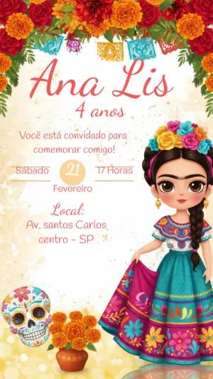 Convite de Aniversário Frida Kahlo Infantil Colorido para Editar