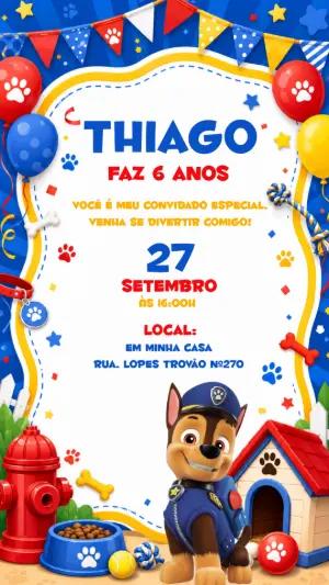 Convite Digital Aniversário Chase Patrulha Canina Editável