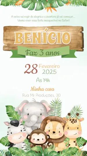 Convite Aniversário Safari com Animais Fofos para Editar Online