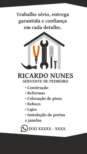 Cartão de Visita Servente de Pedreiro com Ferramentas para Editar