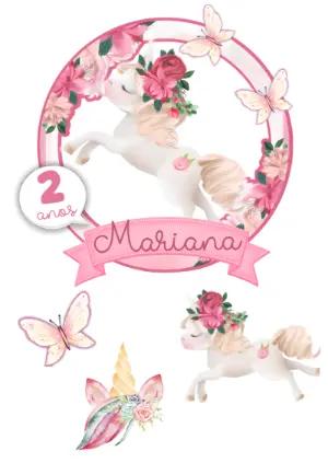 Topo de Bolo Unicórnio Floral para Editar e Imprimir