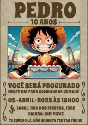 Convite Aniversário One Piece Estilo Procurado para Editar