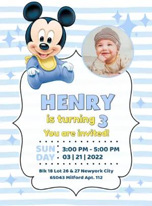 Editable Baby Mickey Mouse Birthday Photo Invitation Template