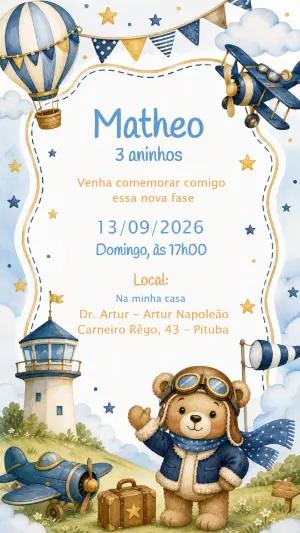 Convite de Aniversário Ursinho Aviador e Baloeiro Editável