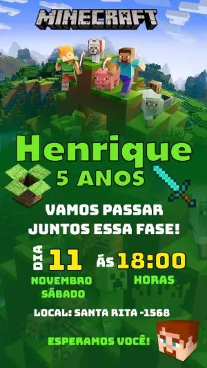 Convite de Aniversário Minecraft Pixelado para Editar