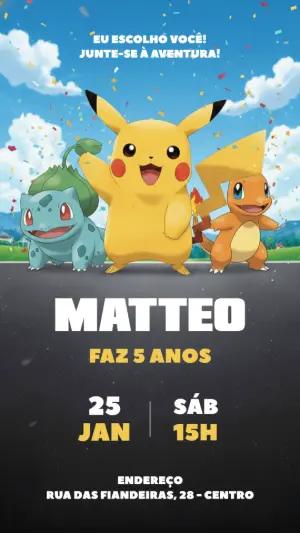 Convite de Aniversário Pokémon com Pikachu para Editar Online
