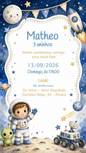 Convite Digital Astronauta Infantil | Modelo Editável