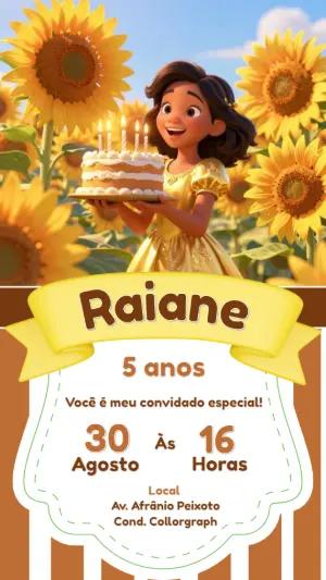 Convite Digital Aniversário Girassol e Menina para Editar